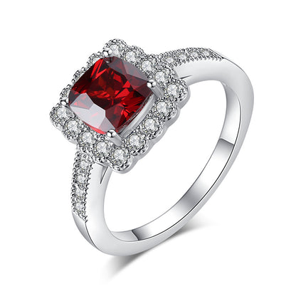 Red Crystal and Cubic Zirconia Cushion-Cut Hola Ring, statement rings for women, vintage-inspired design, side view