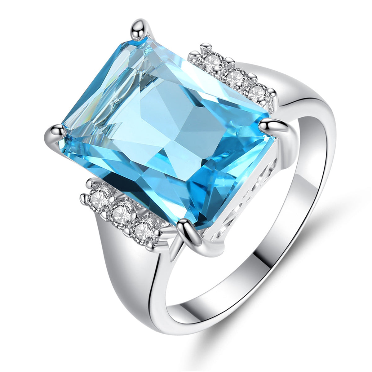 Blue Crystal and Cubic Zirconia Princess-Cut Ring, statement rings for women, botanical inspired, side view