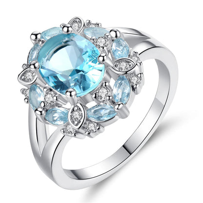 Blue Crystal and Cubic Zirconia Ornate Oval-Cut Ring, statement rings for women, elegant gift for her, side view