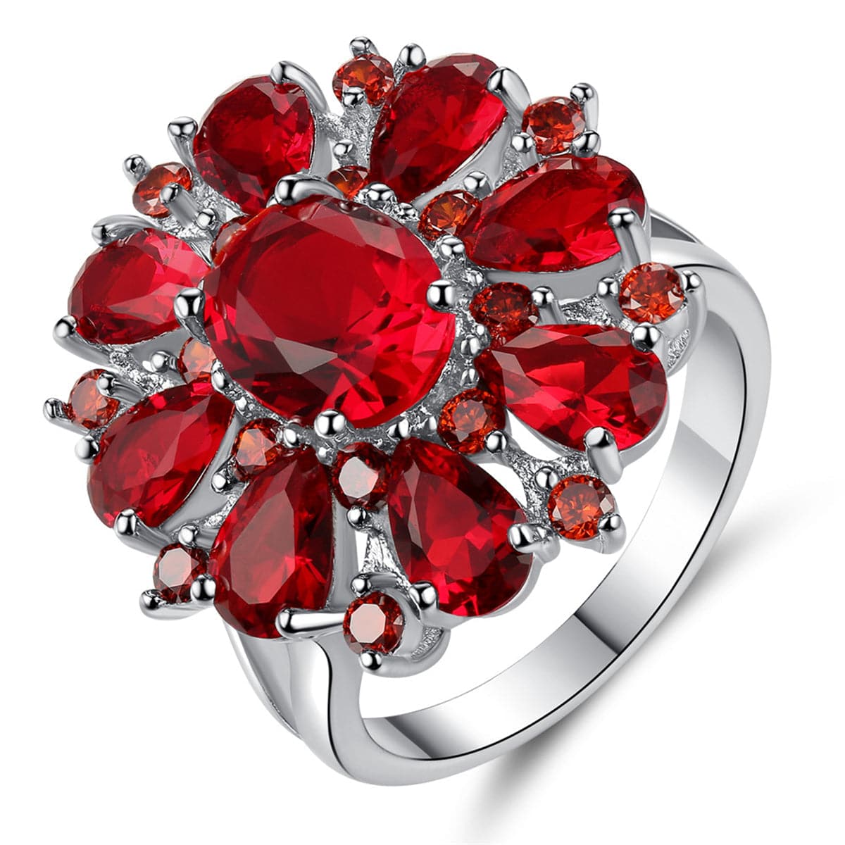 Red Crystal & Silver-Plated Flower Ring