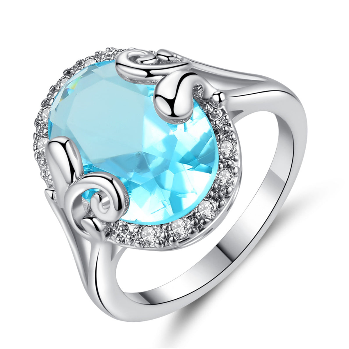 Blue Topaz and Cubic Zirconia Oval Halo Ring, statement rings for women, dainty minimalist design, side view