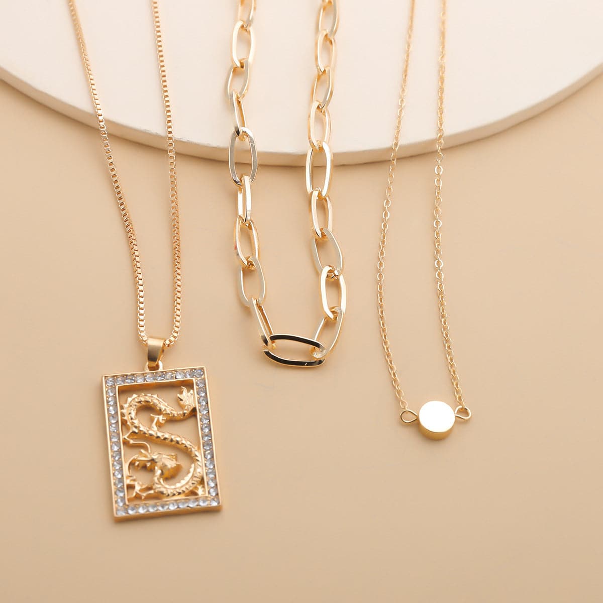 Cubic Zirconia & 18K Gold-Plated Dragon Card Pendant Layered Chain Necklace