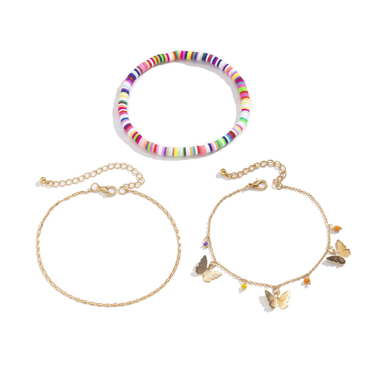 Pink & 18K Gold-Plated Multicolor Butterfly Anklet Set