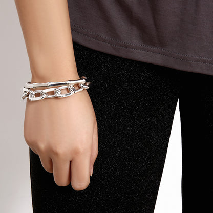 Silver-Plated Figaro Bracelet and Bamboo Bangle Set, jewelry gift sets for women, elegant gift for her, styled look