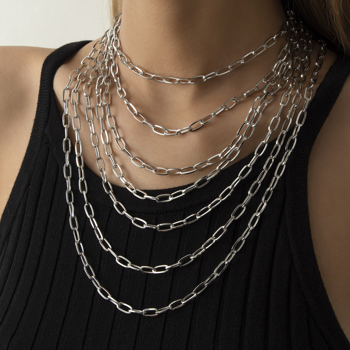 Silver-Plated Layered Cable Chain Necklace Set