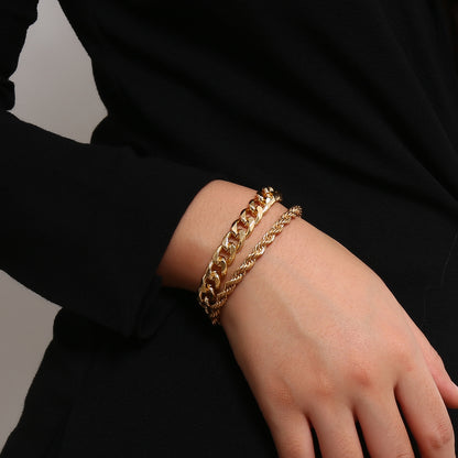 18K Gold-Plated Curb and Rope Chain Bracelet Set, jewelry gift sets for women, elegant gift for her, front view