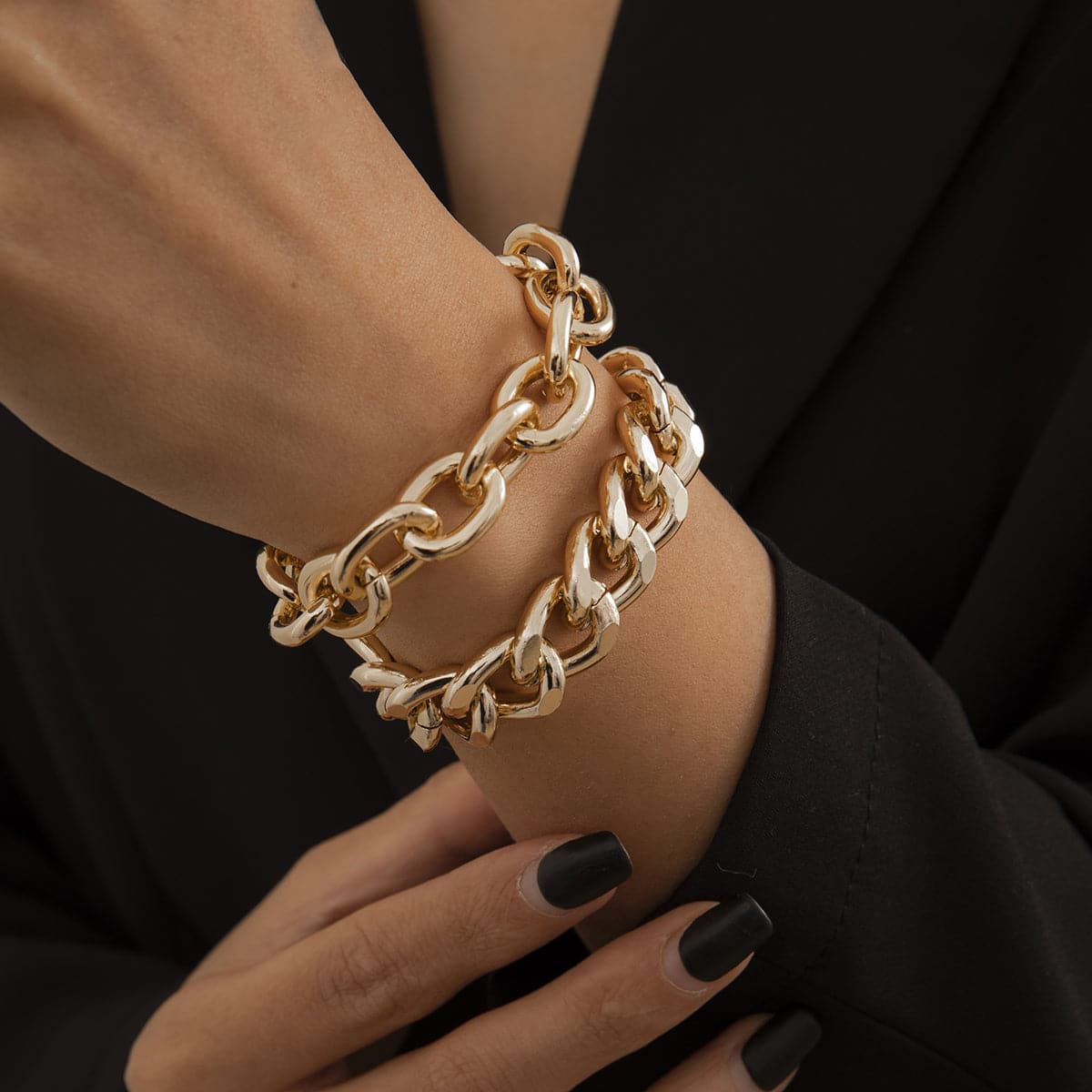 18K Gold-Plated Curb Chain Bracelet Set, jewelry gift sets for women, dainty minimalist design, side view