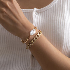 Pearl & 18K Gold-Plated Curb Chain Bracelet Set
