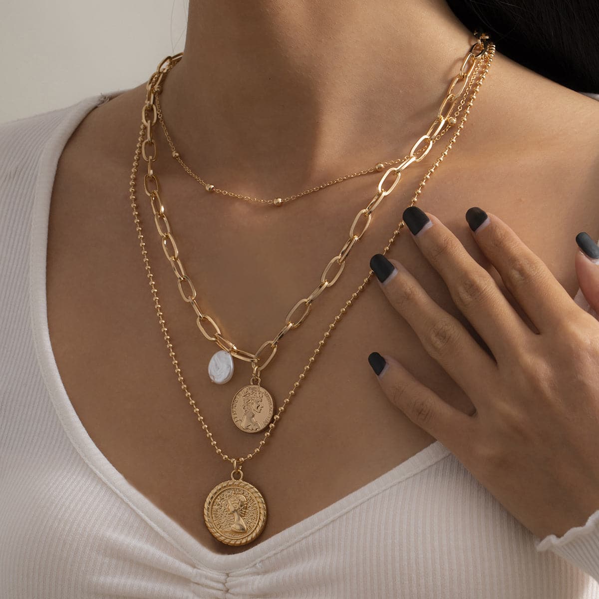 Pearl and 18K Gold-Plated Coin Cable Chain Necklace Set, jewelry gift sets for women, elegant gift for her, styled look