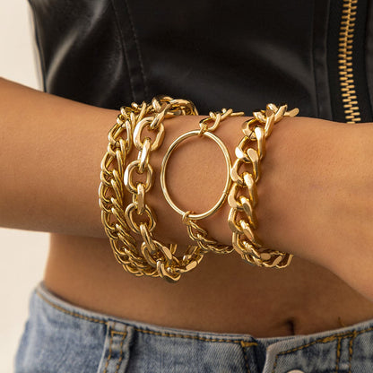 18K Gold Plated Hoop Cable Chain Bracelet Set, jewelry gift sets for women, dainty minimalist design, front view