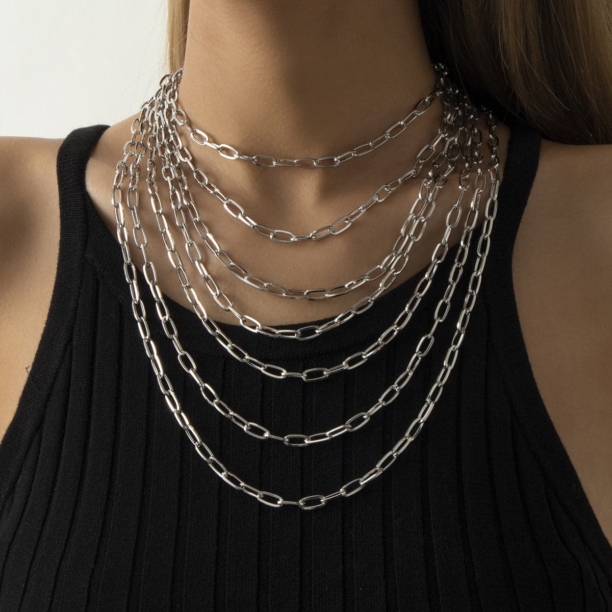 Silver-Plated Layered Cable Chain Necklace Set