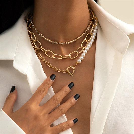 Pearl and Cubic Zirconia 18K Gold-Plated Toggle Choker Necklace Set, jewelry gift sets for women, front view