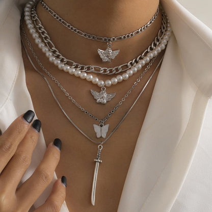 Pearl and Shell Angel Butterfly Pendant Necklace Set, jewelry gift sets for women, vintage-inspired design, front view