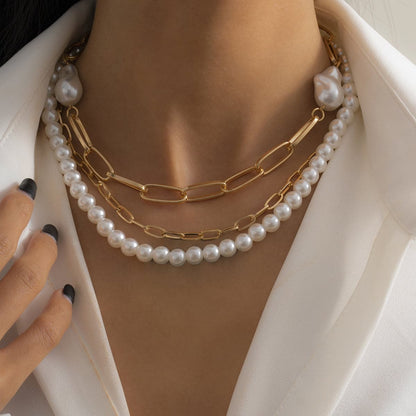 Pearl and 18K Gold-Plated Beaded Necklace Set, jewelry gift sets for women, elegant gift for her, front view