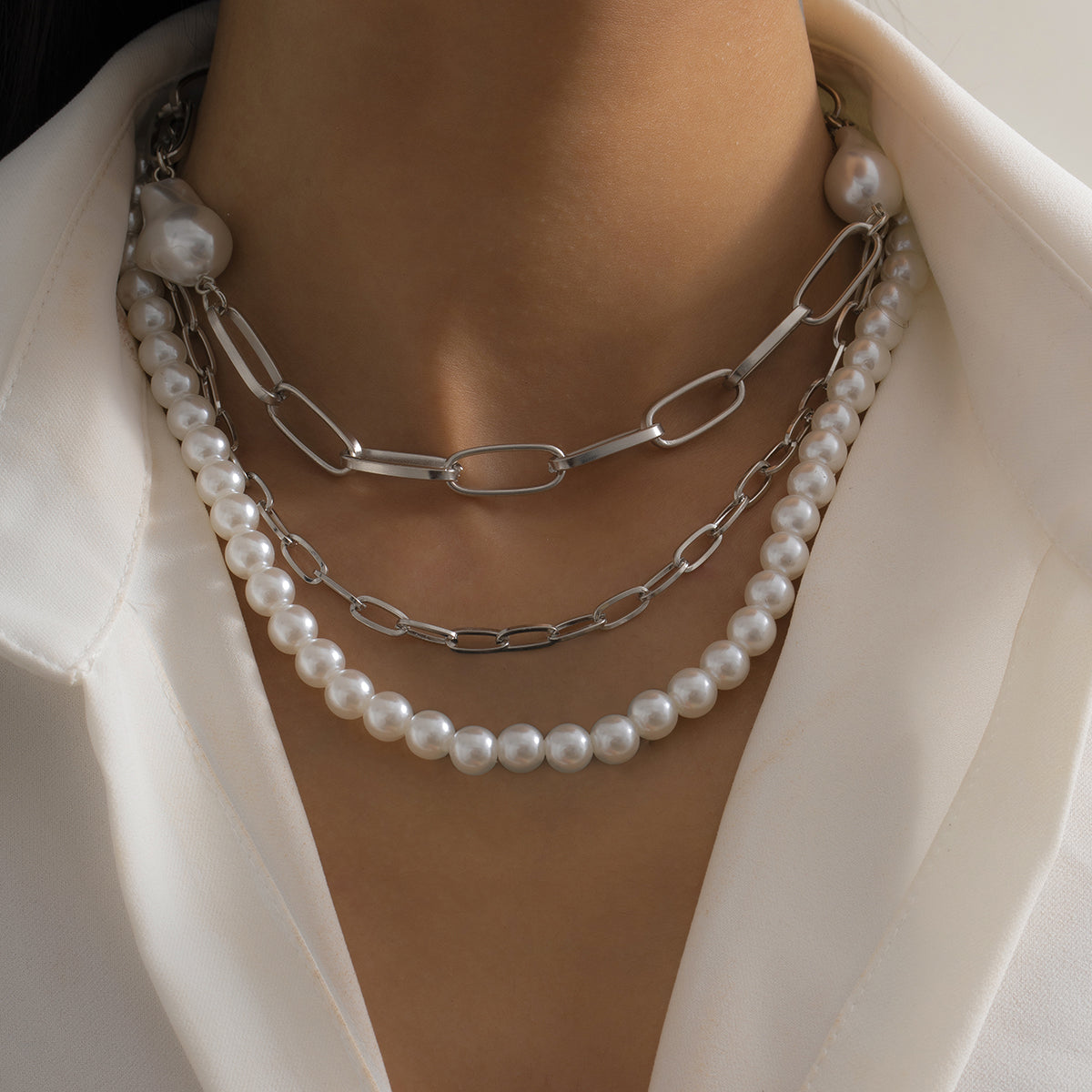Pearl and Silver-Plated Figaro Chain Necklace Set, jewelry gift sets for women, dainty minimalist design, front view