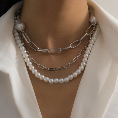 Pearl and Silver-Plated Figaro Chain Necklace Set, jewelry gift sets for women, dainty minimalist design, front view