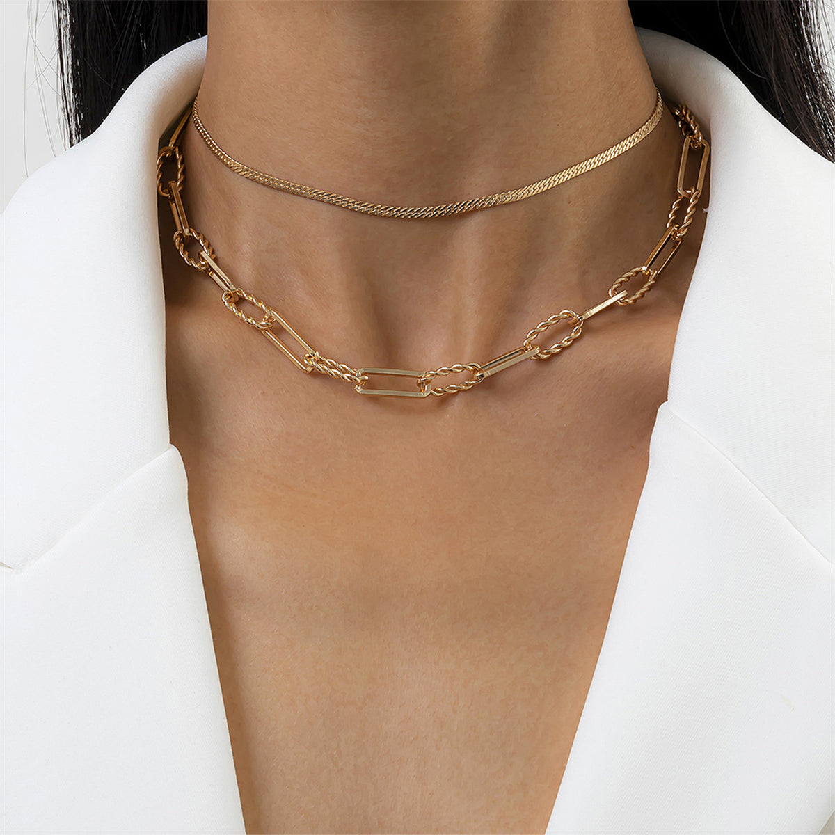 18K Gold-Plated Herringbone Cable Chain Choker Set, jewelry gift sets for women, everyday style, front view