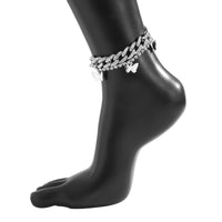 Cubic Zirconia & Silver Plated Butterfly Charm Figaro Anklet Set
