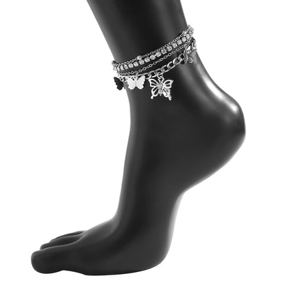 Cubic Zirconia and Silver-Plated Butterfly Charm Anklet Set, jewelry gift sets for women, dainty minimalist design, side view