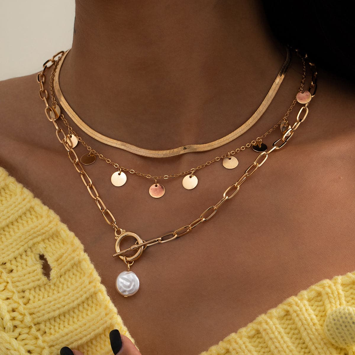 Pearl and 18K Gold-Plated Sequin Necklace Set, jewelry gift sets for women, dainty minimalist design, front view