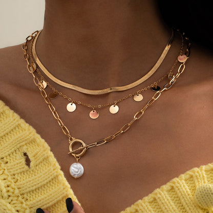 Pearl and 18K Gold-Plated Sequin Necklace Set, jewelry gift sets for women, dainty minimalist design, front view