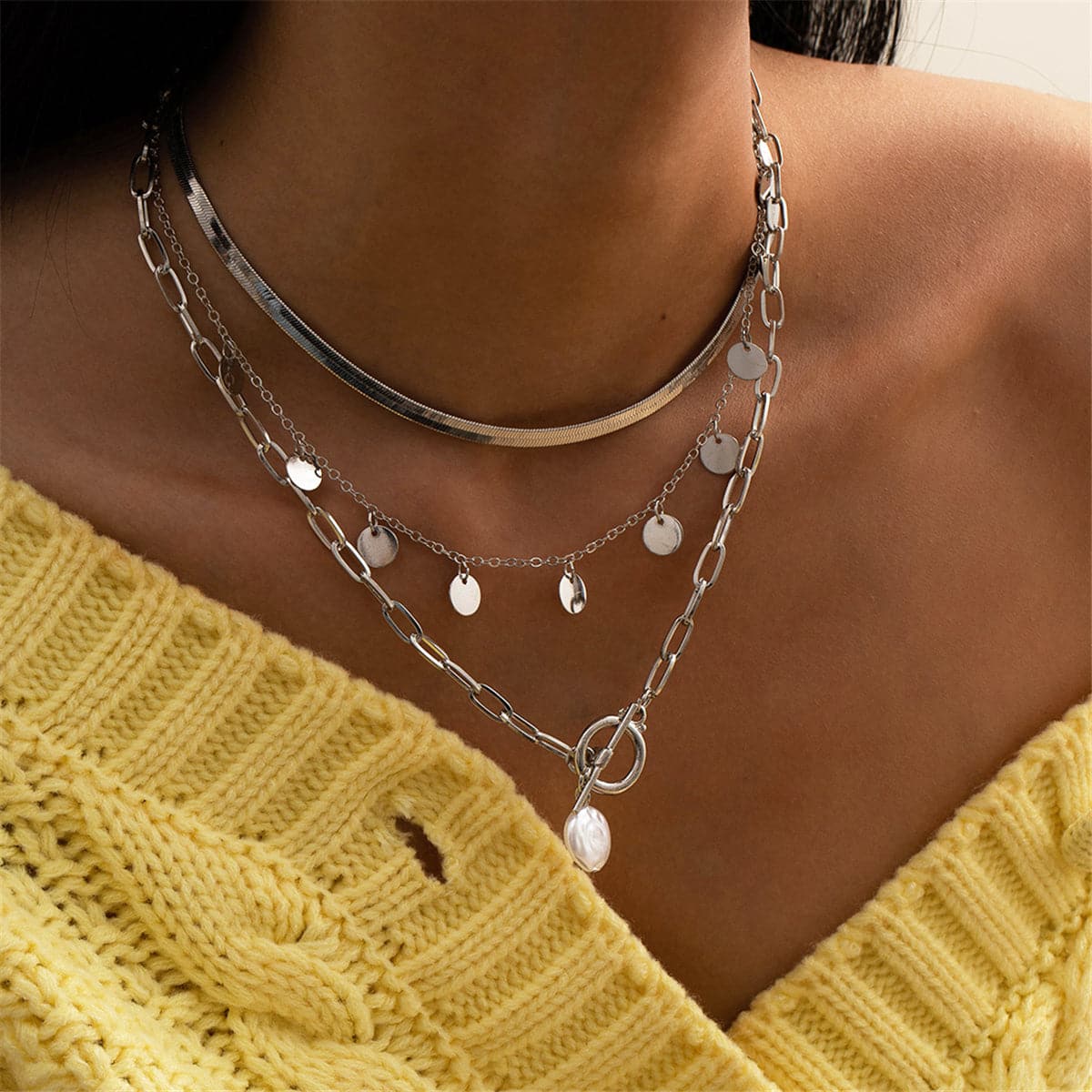 Pearl and Silver-Plated Toggle Pendant Necklace Set, jewelry gift sets for women, everyday style, front view