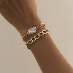 Pearl & 18K Gold-Plated Curb Chain Bracelet Set
