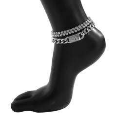 Cubic Zirconia & Silver-Plated Figaro Lock Anklet Set