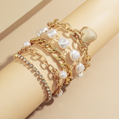 Pearl and Cubic Zirconia 18K Gold-Plated Heart Bracelet Set, jewelry gift sets for women, botanical inspired, front view