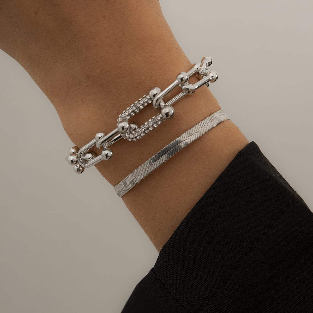 Cubic Zirconia and Silver-Plated Vachette and Snake Chain Bracelet Set, jewelry gift sets for women, front view