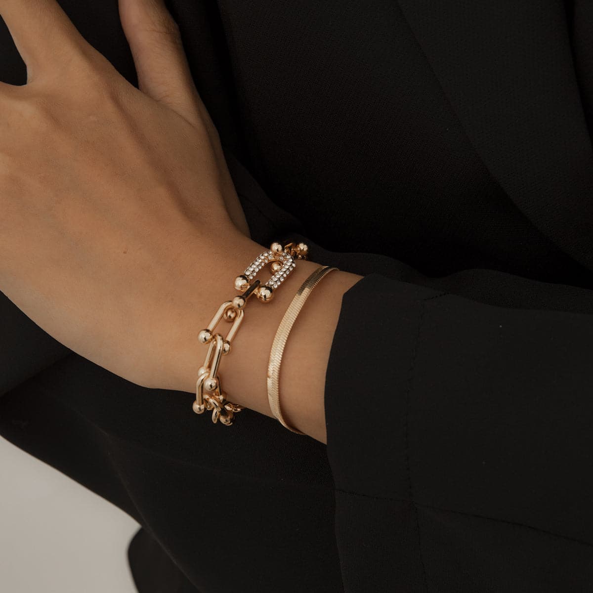 Cubic Zirconia and 18K Gold-Plated Vachette and Snake Chain Bracelet Set, jewelry gift sets for women, front view
