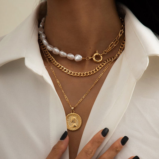 Pearl and 18K Gold-Plated Coin Pendant Necklace Set, jewelry gift sets for women, dainty minimalist design, front view