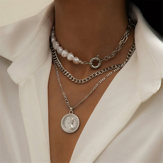 Pearl and Silver-Plated Coin Pendant Necklace Set, jewelry gift sets for women, everyday style, front view