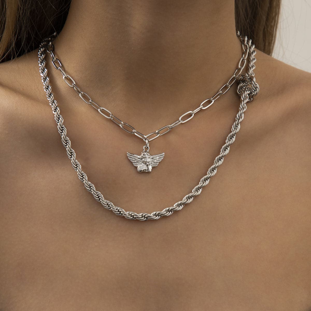 Silver-Plated Angel Pendant Necklace Set