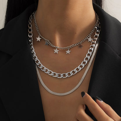 Silver-Plated Star Station Choker Necklace Set, jewelry gift sets for women, botanical inspired, front view