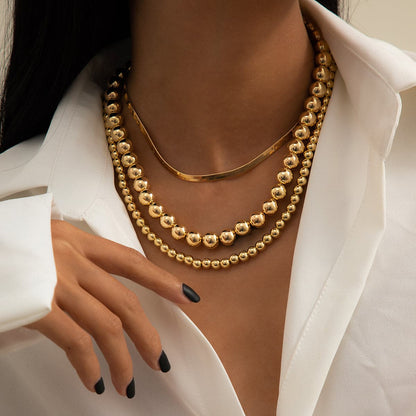 18K Gold-Plated Bead and Snake Chain Necklace Set, jewelry gift sets for women, dainty minimalist design, front view
