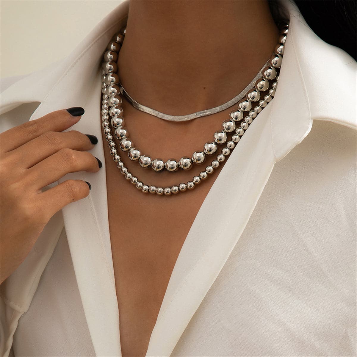 Silver-Plated Herringbone Chain Choker Necklace Set, jewelry gift sets for women, botanical inspired, front view