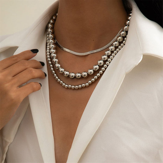 Silver-Plated Herringbone Chain Choker Necklace Set, jewelry gift sets for women, botanical inspired, front view