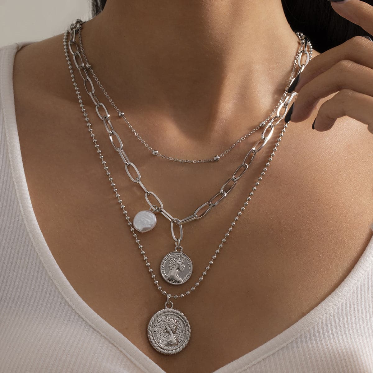 Pearl and Silver-Plated Coin Cable Chain Necklace Set, jewelry gift sets for women, elegant gift for her, front view