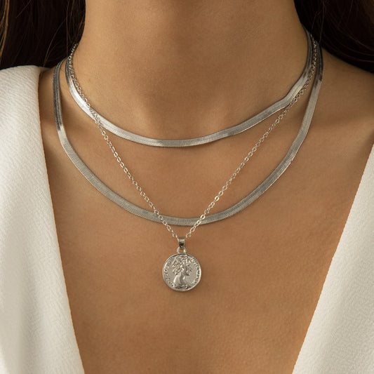 Silver-Plated Snake Chain Coin Pendant Necklace Set, jewelry gift sets for women, dainty minimalist design, front view
