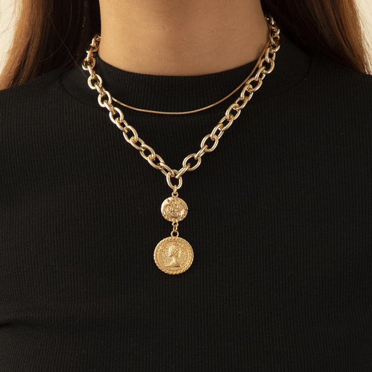 18K Gold-Plated Coin Pendant Necklace Set, jewelry gift sets for women, elegant gift for her, front view