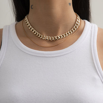 18K Gold-Plated Curb Chain Choker Necklace and Mini Herringbone Chain, jewelry gift sets for women, front view