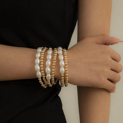 Pearl & 18K Gold Plated Beaded Stretch Bracelet Set