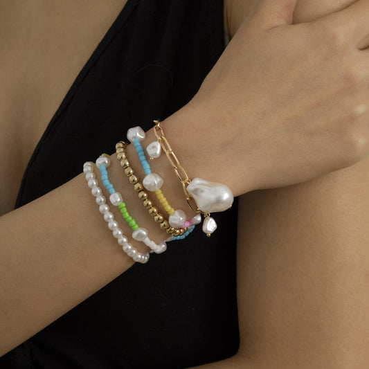 Blue Howlite and Pearl Color Block Beaded Stretch Bracelet Set, jewelry gift sets for women, front view