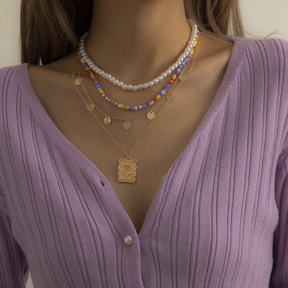 18K Gold-Plated Rose Card Pendant Necklace Set, jewelry gift sets for women, botanical inspired, front view