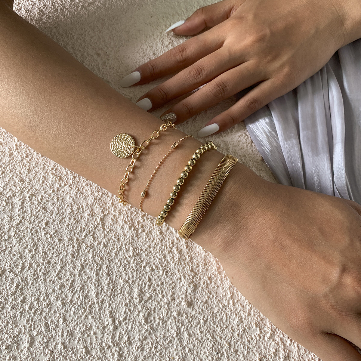 18K Gold-Plated Beaded Snake Chain Bracelet Set