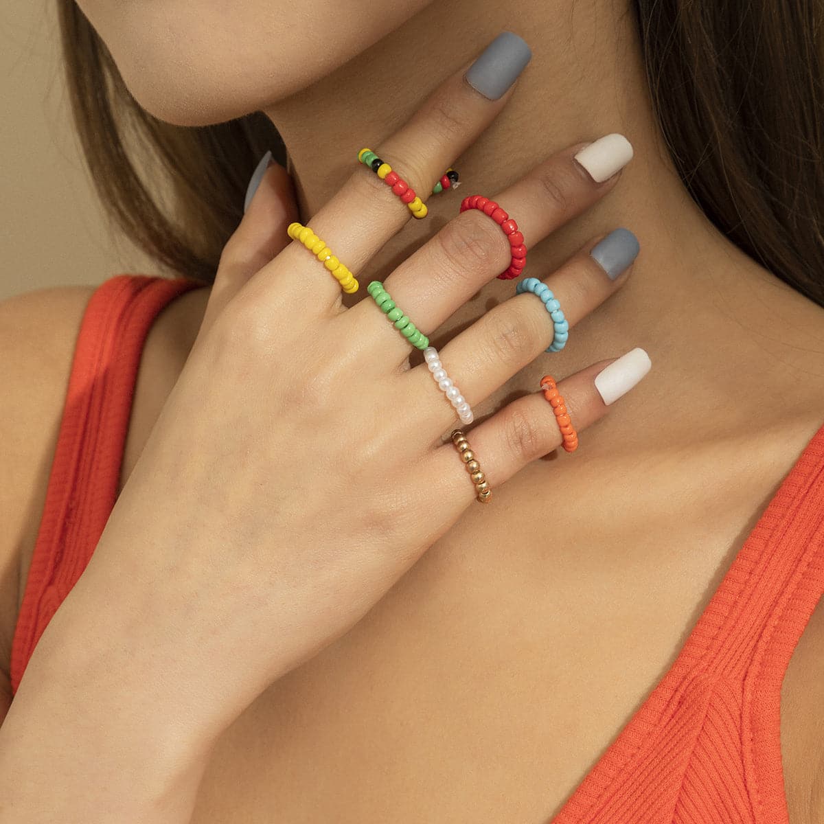 Yellow and Red Beaded Stretch Ring Set, jewelry gift sets for women, botanical inspired, front view