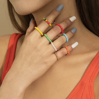 Yellow and Red Beaded Stretch Ring Set, jewelry gift sets for women, botanical inspired, front view