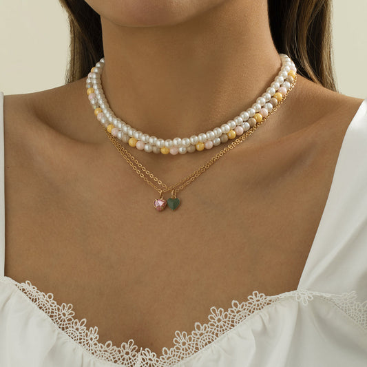 Pearl and 18K Gold-Plated Heart Pendant Necklace Set, jewelry gift sets for women, botanical inspired, front view