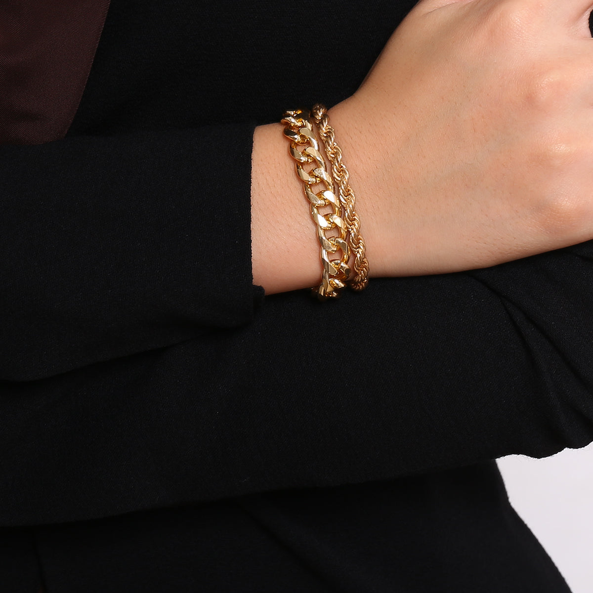 18K Gold-Plated Curb and Rope Chain Bracelet Set, jewelry gift sets for women, elegant gift for her, detail close-up